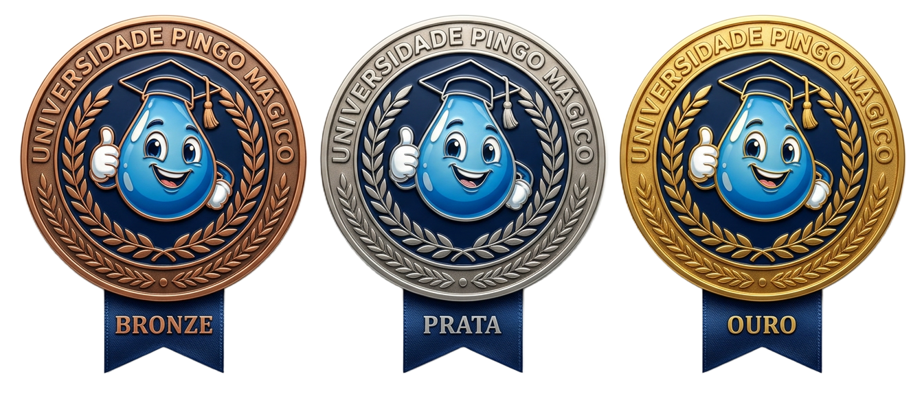 Selos Bronze, Prata e Ouro da Universidade Pingo Mágico com mascote de capelo